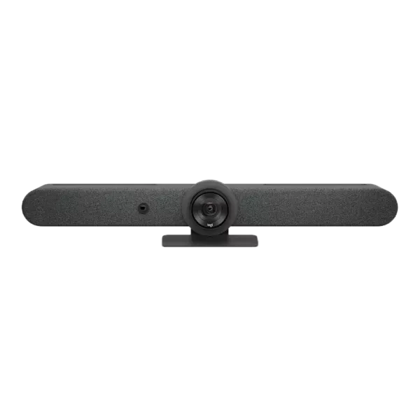 Logitech Rally Bar met brede lens op standaard.
