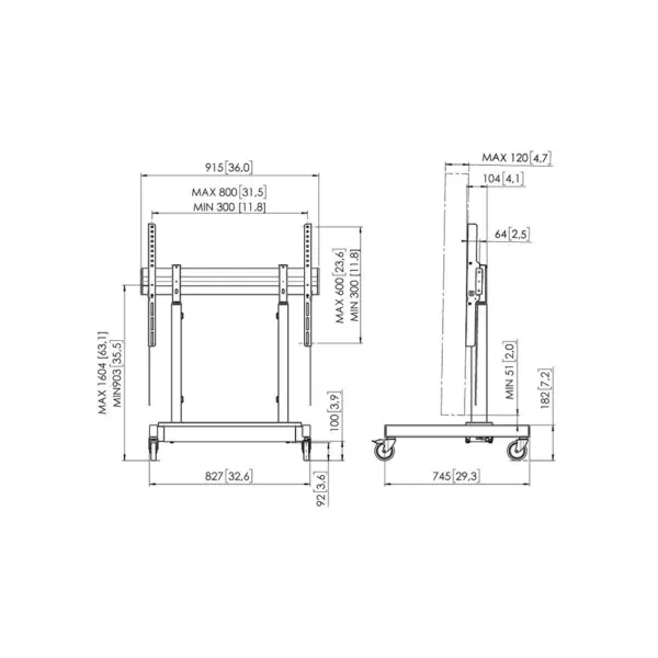 Technische tekening van verstelbare trolley.