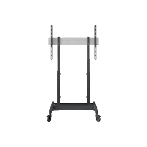 Mobiele TV-standaard met wielen, zwart en verstelbaar.
