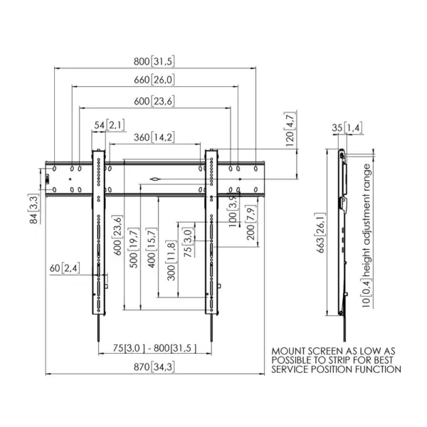 Detailtekening van schermmontagebeugel met afmetingen.