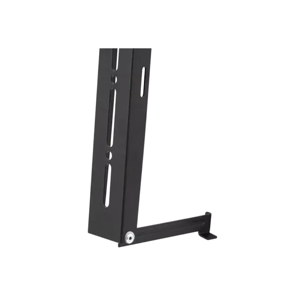Zwart metalen hoekbeugel met schroefgat.