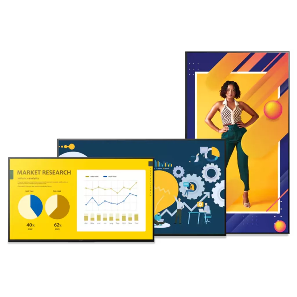 Sony BRAVIA EZ20L displays in landscape en portraitmodus met zakelijke en promotionele content