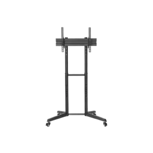 Zwart verstelbaar tv-standaard op wielen.