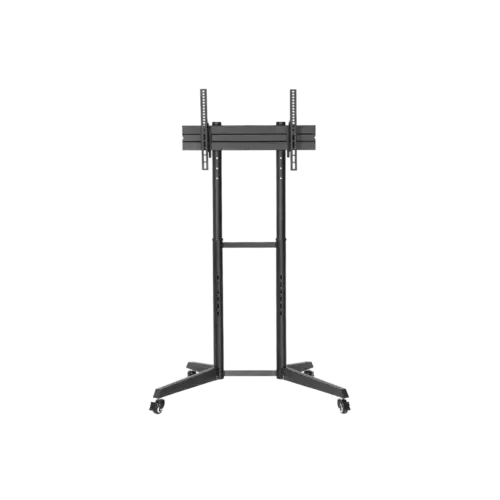 Zwart verstelbaar tv-standaard op wielen.