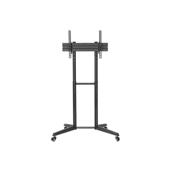 Zwart verstelbaar tv-standaard op wielen.
