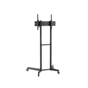 Mobiele tv-standaard met wielen, zwarte kleur.