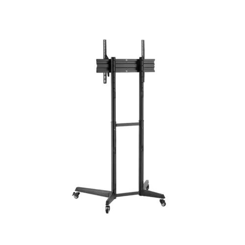 Mobiele tv-standaard met wielen, zwarte kleur.