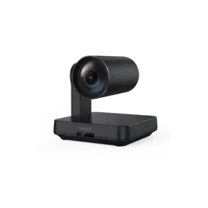 Zwarte webcam met lens op standaard.