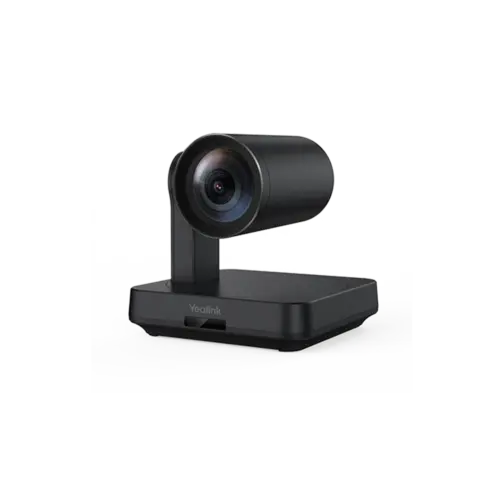 Zwarte webcam met lens op standaard.