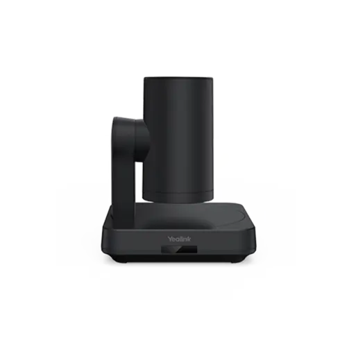 Zwarte elektronische camera op standaard, zijaanzicht.