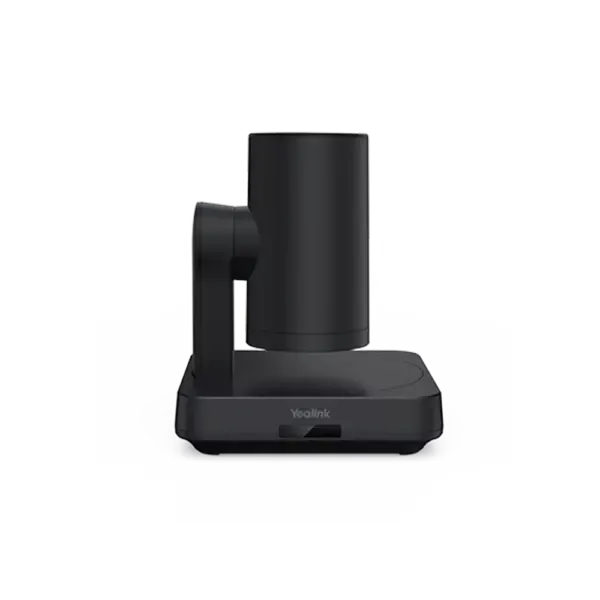Zwarte elektronische camera op standaard, zijaanzicht.