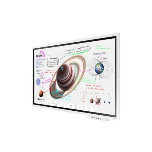 Saturnus en Aarde vergelijking op een digitaal scherm.