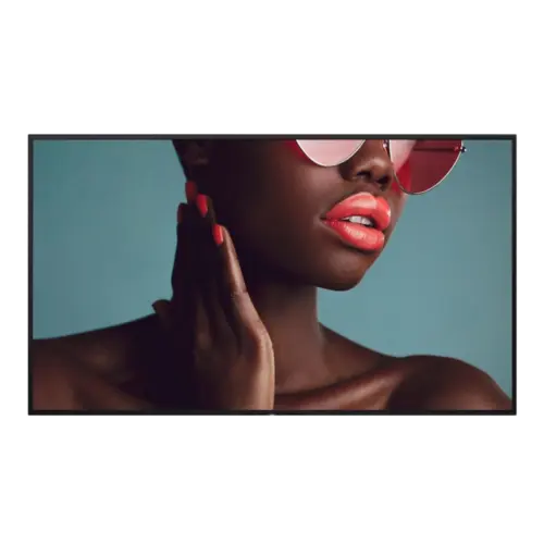 Vrouw met rode lippenstift en roze zonnebril.