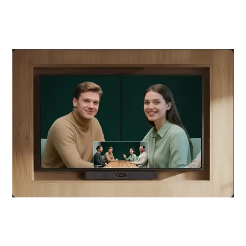 Videovergadering met lachende mensen op scherm