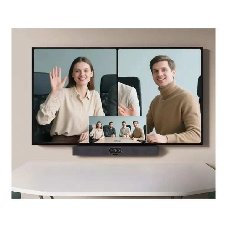 Videovergadering met lachende mensen op scherm.