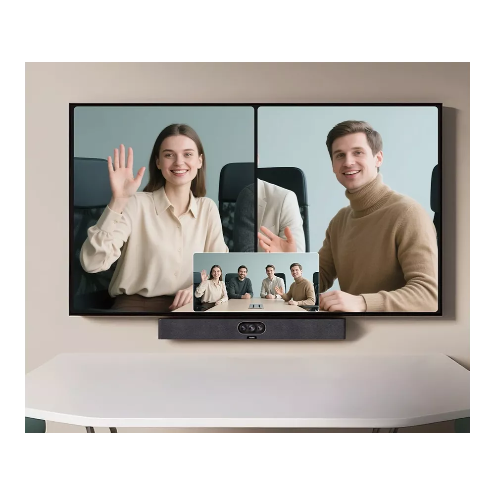 Videovergadering met lachende mensen op een scherm