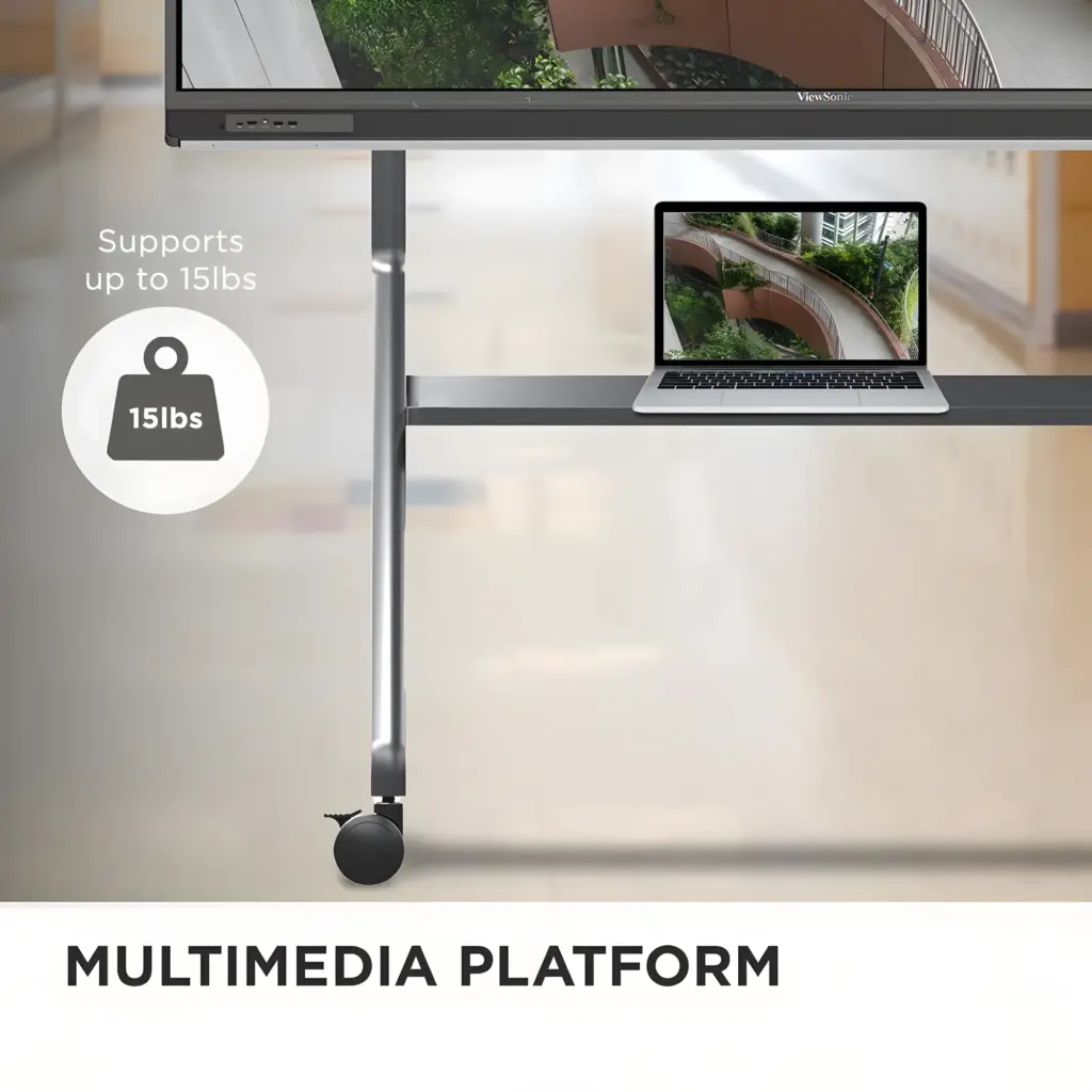 Laptop op een multimedia platform plank die 15lbs ondersteunt.