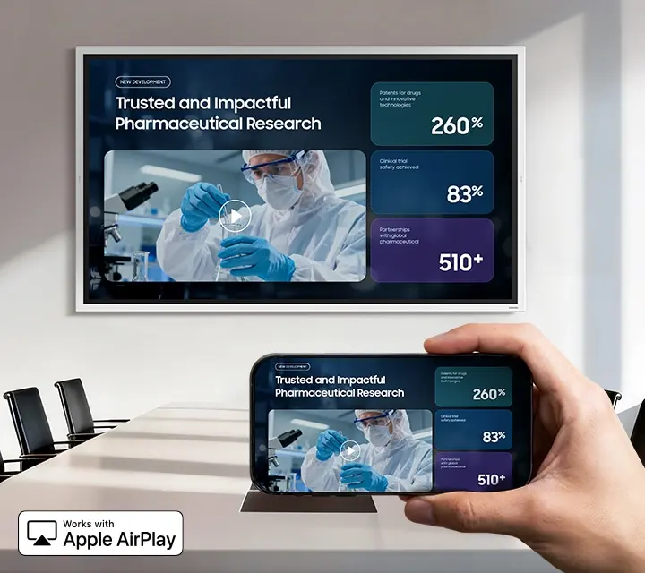 Een iPhone deelt een presentatie via AirPlay naar de Samsung Flip WMF-X