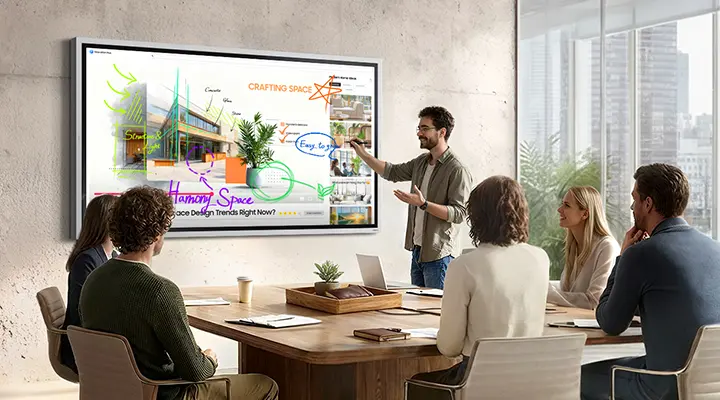 Een presentatrice maakt aantekeningen over een video op de Samsung Flip WMF-X