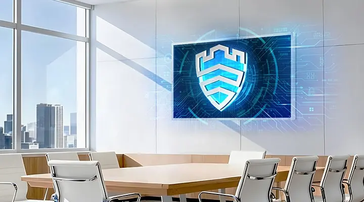 Het Samsung Knox-beveiligingsembleem op de Flip WMF-X in een vergaderruimte