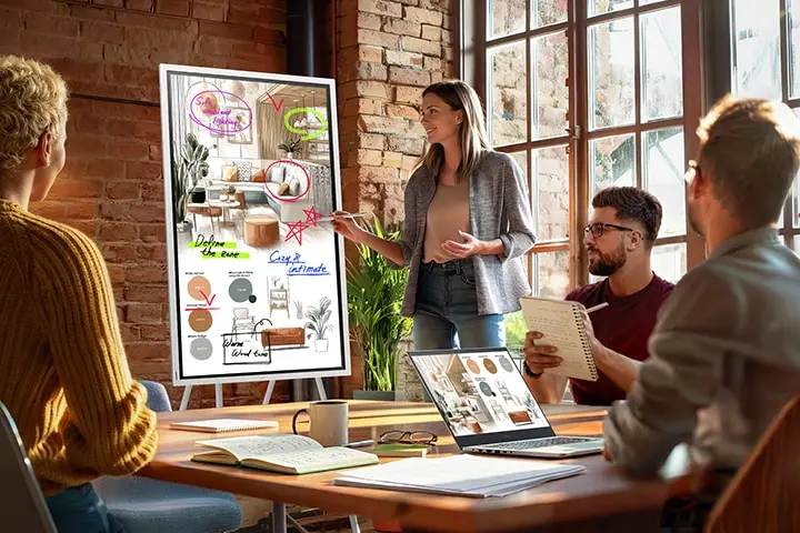 Een team werkt samen aan de Samsung Flip WMF-X tijdens een vergadering