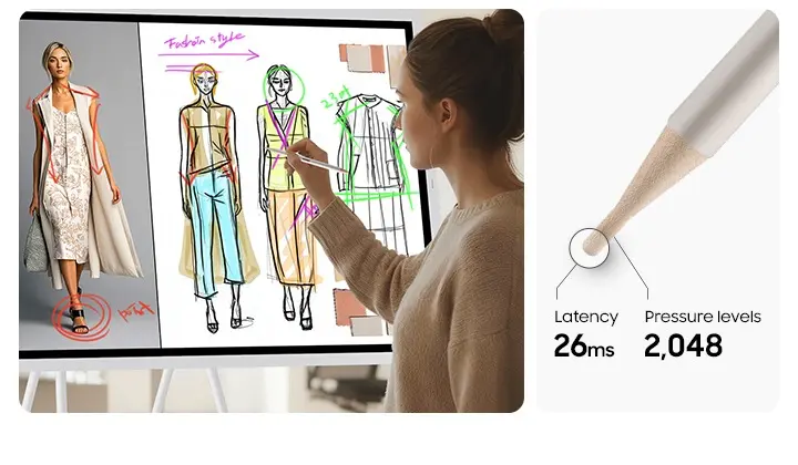 Een ontwerper schetst met de pen op de Samsung Flip WMF-X